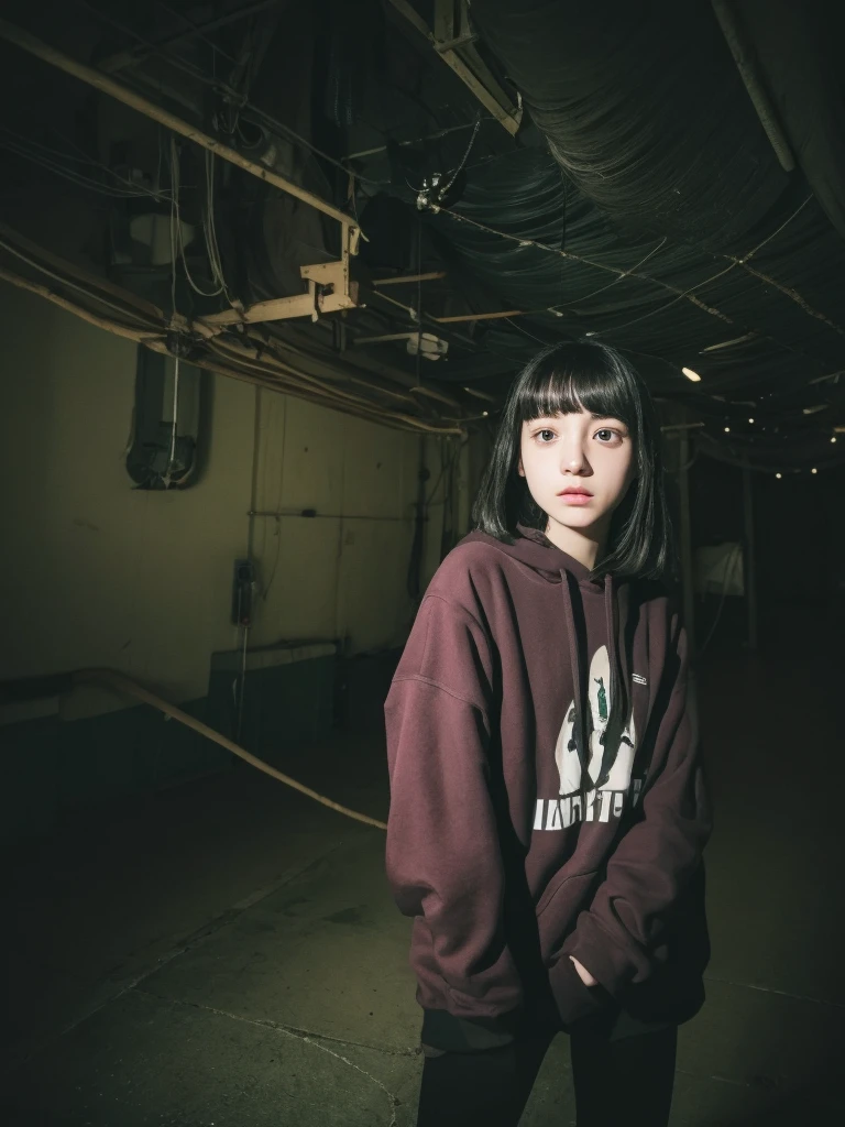 Pale teenage girl with silky black hair and bangs above her eyebrows, with small pink lips and a small, thin potato nose, and light green eyes, taking a photo in a dark and lonely place looking into space, with a black sweatshirt and black leggings and good quality