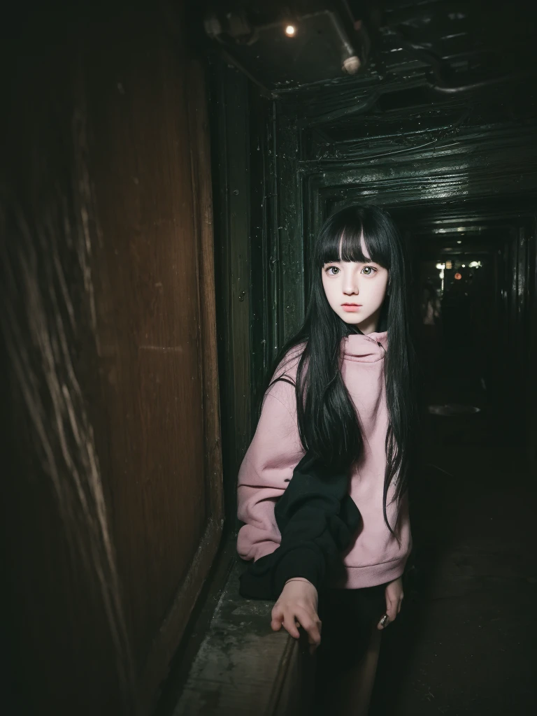 Pale teenage girl with silky black hair and bangs above her eyebrows, with small pink lips and a small, thin potato nose, and light green eyes, taking a photo in a dark and lonely place looking into space, with a black sweatshirt and black leggings and good quality