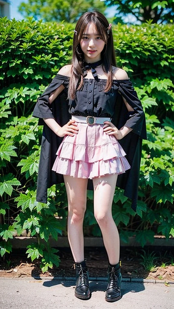 (8K、RAW Photos、Highest quality、masterpiece:1.2)、(Realistic、Realistic)、1 Girl、((mini skirt、Black and Pink、Thin legs、whole body、boots、Clothes with ribbons、Feathery Cape、Anime Costumes、Chest ribbon、Off the shoulder、See-through、Frills、garden、smile、View from the front、Ribbon on chest、Looking into the camera、belt、Stand with hands on hips))、