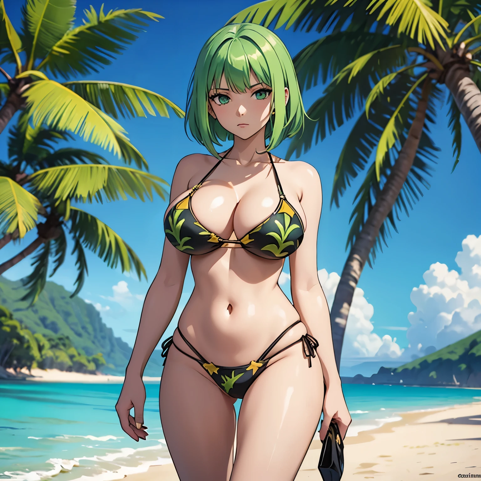 Brandish, Woman 20 years old, green hair preserve, decorations in her hair, green eyes, expressionless, big breasts, Bikini. background a tropical beach.