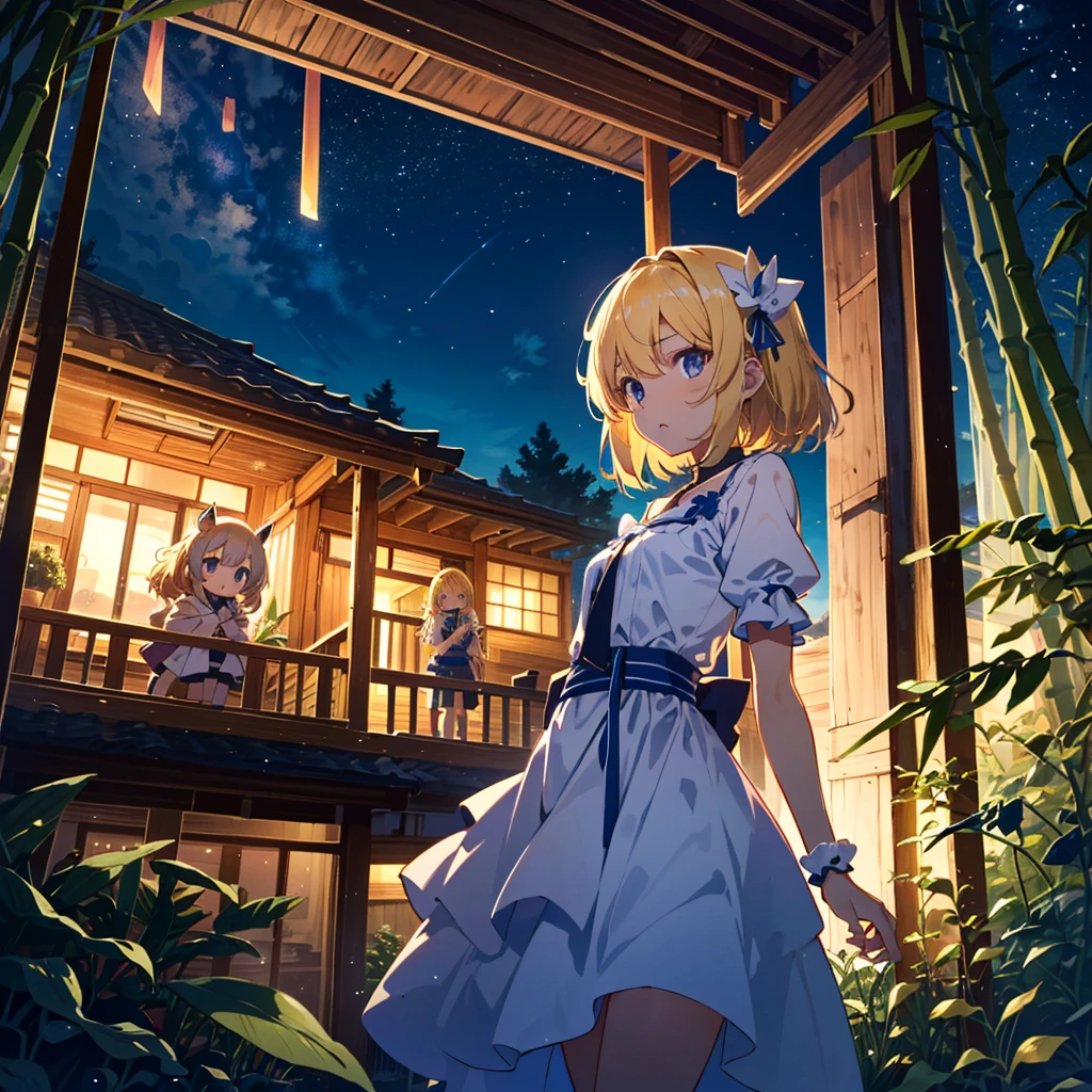 High-definition background, bright and beautiful atmosphere, 3 girls (2 years old, (1 short-tempered round face), (1 child)) (hair, surface effects), color effects), small breasts, blonde hair, veranda, Tanabata... Clothes, bamboo leaves and many strips of paper on the balcony, a very beautiful night sky, "deltamon_sdXL :0.73) >Deltamon makes an immediate decision.