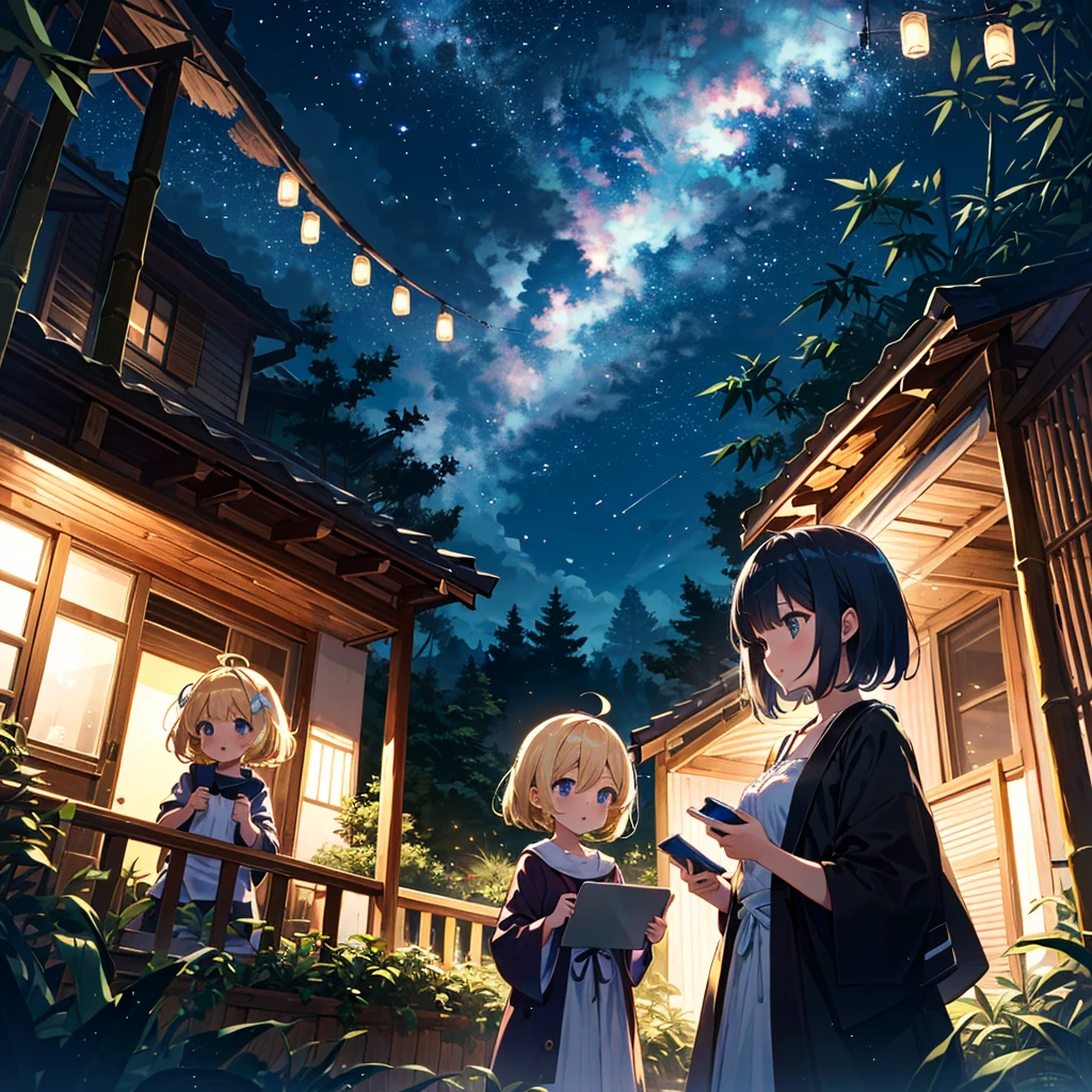 High-definition background, bright and beautiful atmosphere, 3 girls (2 , (1 short-tempered round face), (1 child)) ( surface effects), color effects), small breasts, blonde hair, veranda, Tanabata... Clothes, bamboo leaves and many strips of paper on the balcony, a very beautiful night sky, "deltamon_sdXL :0.73) ＞Deltamon makes an immediate decision.