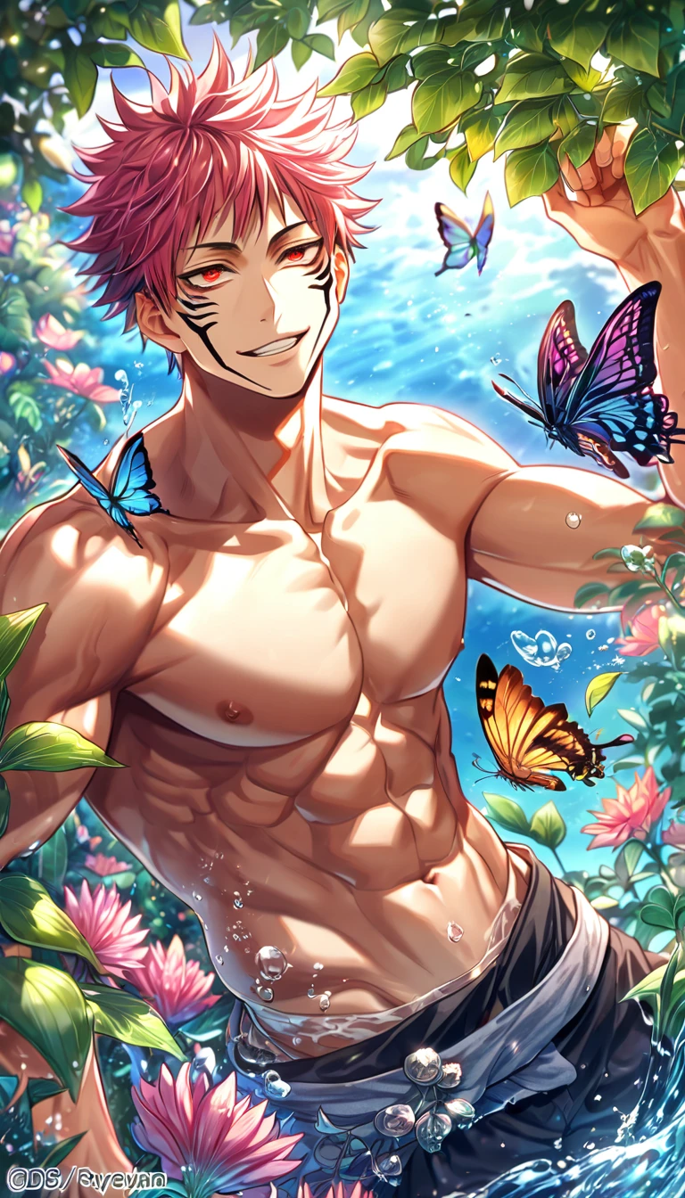 absurdres, highres, ultra detailed, HDR, master piece, best quality, extremely detailed face, delicated features, Ryomen Sukuna, pink hair, expressive red eyes, Jujutsu Kaisen, solo, sexy man, handsome, handsome smile, bare chest, toned chest, without shirt, fantasy, magical, butterflies, summer, green leaves, flowers, water