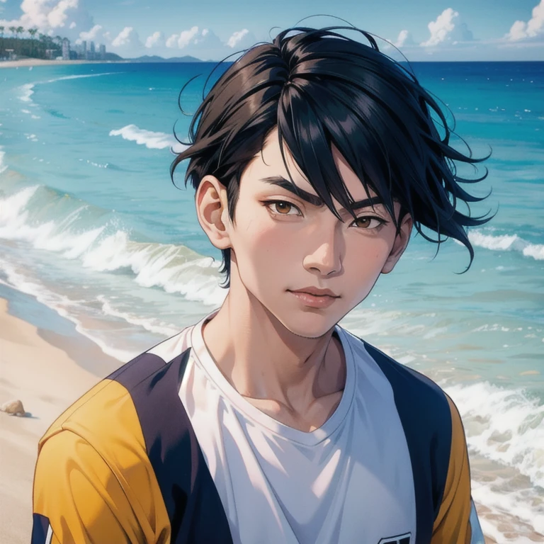 high resolution, Tobio Kageyama ,haikyuu!!, Bblack hair, standing alone, 1 young boy, mascle, beachfront, mar, out, detailedeyes, close up, beachfront volleyball, full face