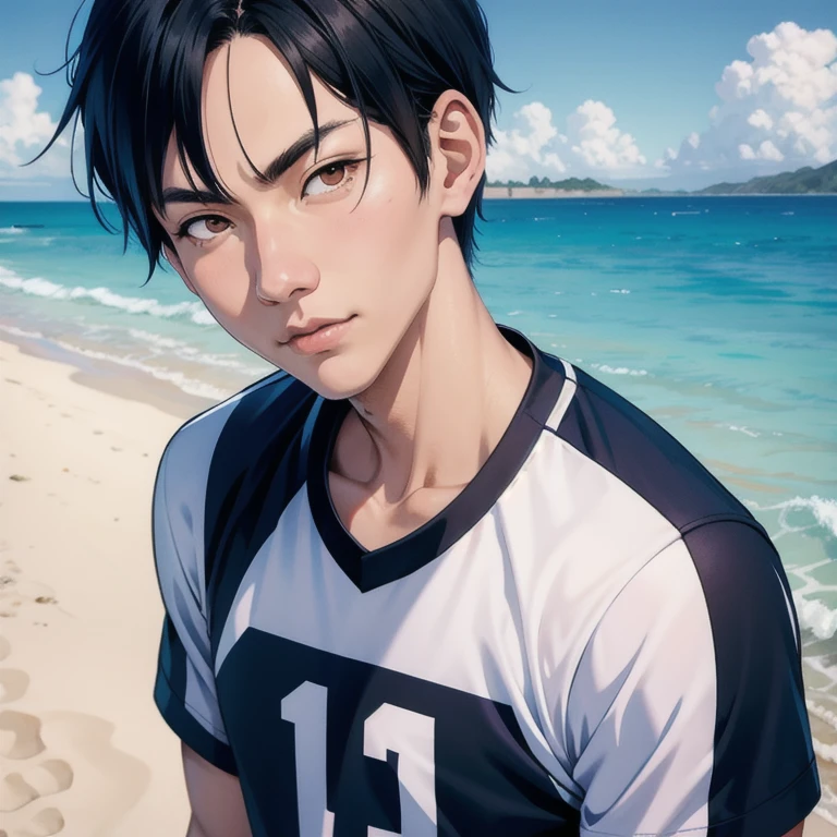 high resolution, Tobio Kageyama ,haikyuu!!, Bblack hair, standing alone, 1 young boy, mascle, beachfront, mar, out, detailedeyes, close up, beachfront volleyball, full face