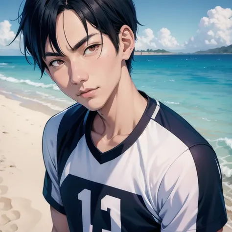 high resolution, tobio kageyama ,haikyuu!!, bblack hair, standing alone, 1 young boy, mascle, beachfront, mar, out, detailedeyes...