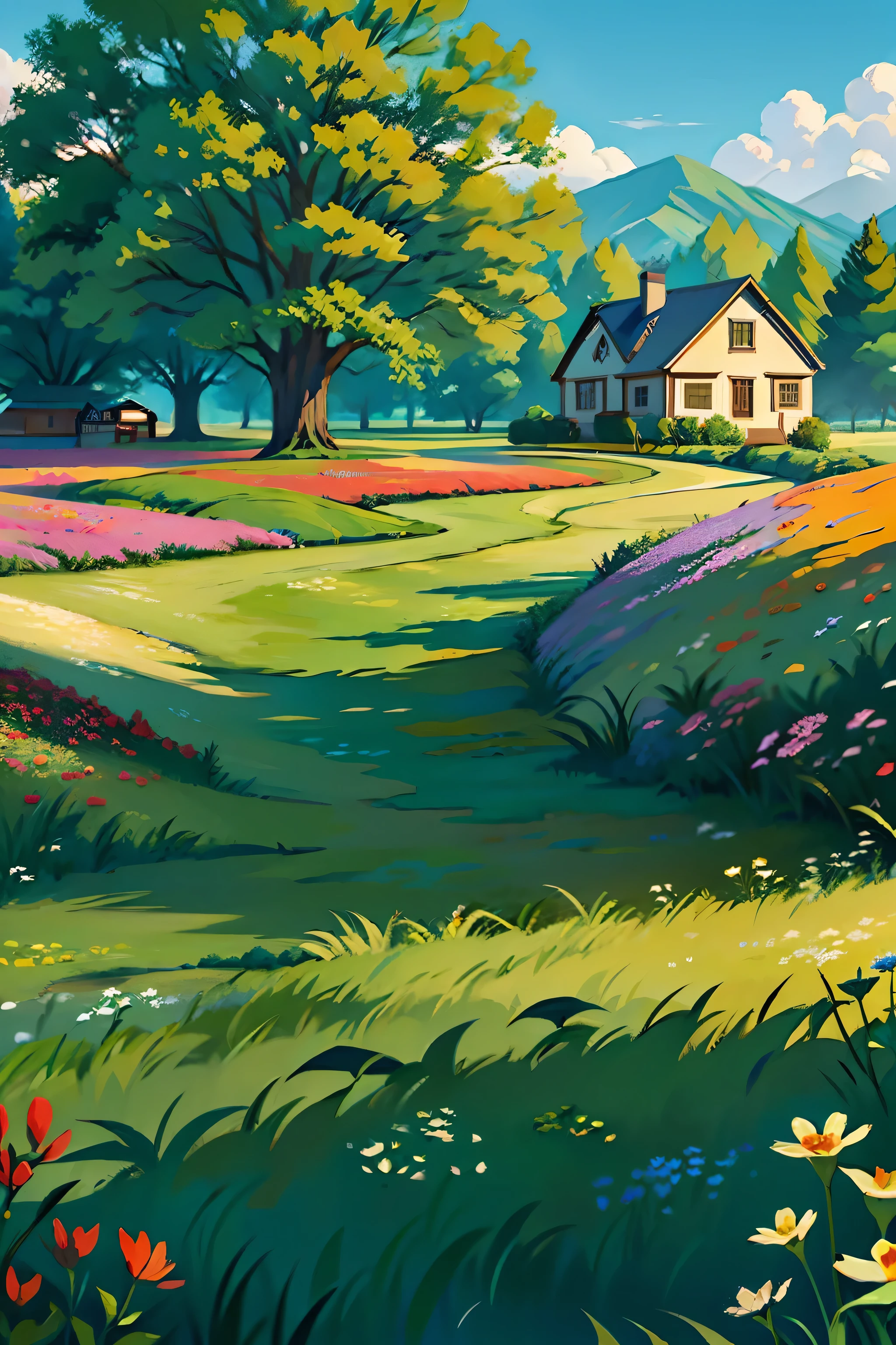 A painting of a spring landscape, open field, grama verde, wildflowers, a new house, Day Light.