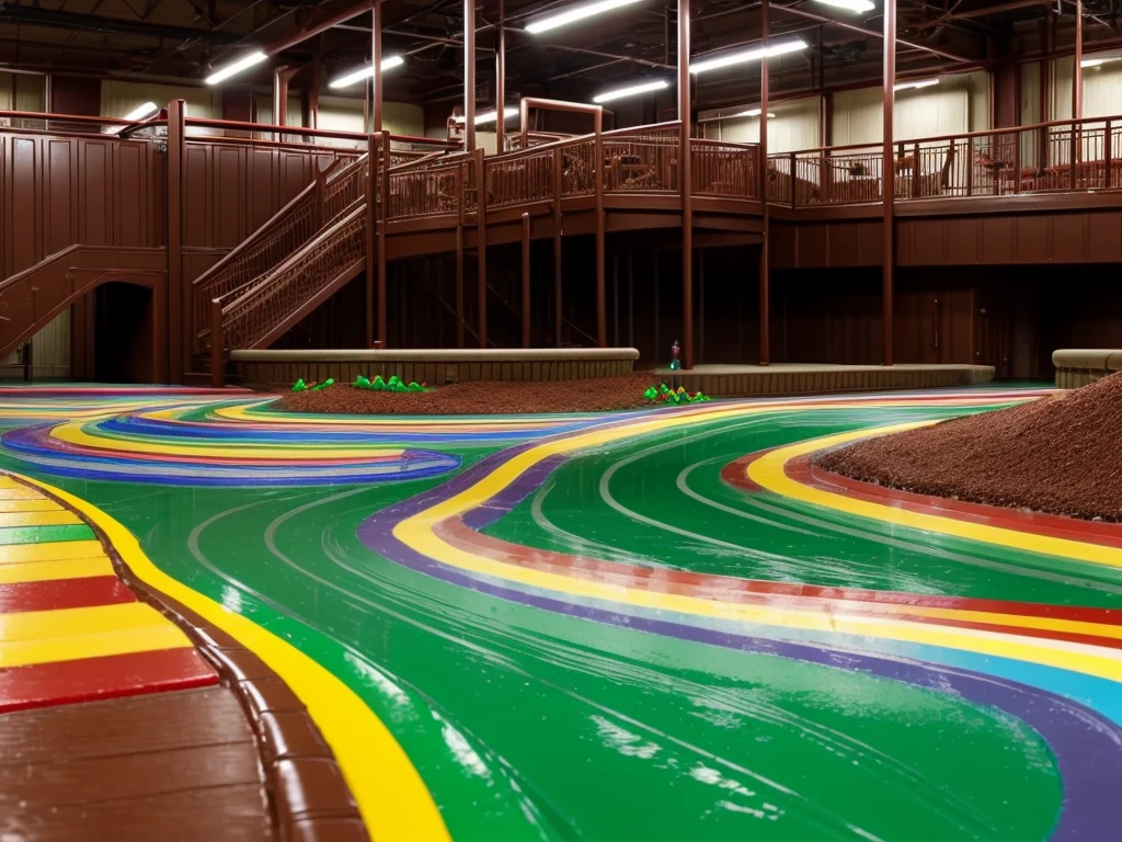 Inside willy Wonka's chocolate factory 
Flowing chocolate rivers and waterfall made of chocolate, grass covered floor resemblance of a peppermint candy texture, other candy and sweets spread throughout the factory. Add a go-kart racetrack made from a candy strip rainbow color with sugar sprinkles ontop, and gummi bears playing in the chocolate factory 