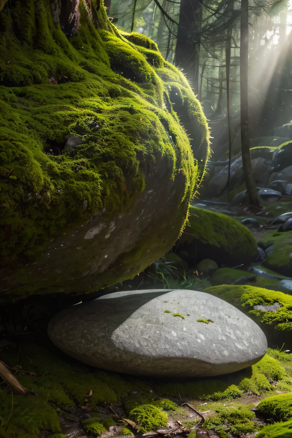 A huge stone in the forest. Moss grows on the stone. A light shines on the stone.