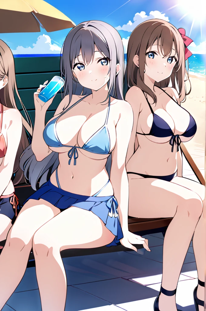 Sakurazaka Shizuku　Black brown hair　Long Hair　Light blue eyes　Big hair ribbon　(１People Girls)　Light blue bikini　Large Breasts　Drink a drink　Sit on a bench　Strong sunlight　Sweaty　Beach　sun　smile