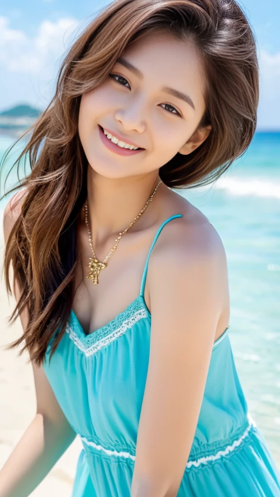 (Top quality, 8K, Masterpiece: 1.3), pull angles, full body, lens used f/2.8, 50mm, camera Sony, beautiful woman, one girl, slender abs: 1.1, long brown hair, (full body, to feet: 1.2), super detailed face, very detailed lips, detailed eyes, double eyelids, Necklace, watch chosen as accessory, cute summer dress, beautiful beach background, very detailed face and skin, detailed eyes, double eyelids, expression best smile."
