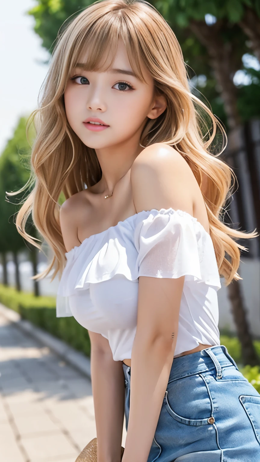 sexy big breasts、Sexy cute looks and cute beautiful girl, Beautiful and sexy face、The strong wind blows the hair in front of my face、Beautiful blonde medium wavy hair with cute and sexy eyes hidden by long bangs、Off-the-shoulder t-shirt、Tulle miniskirt