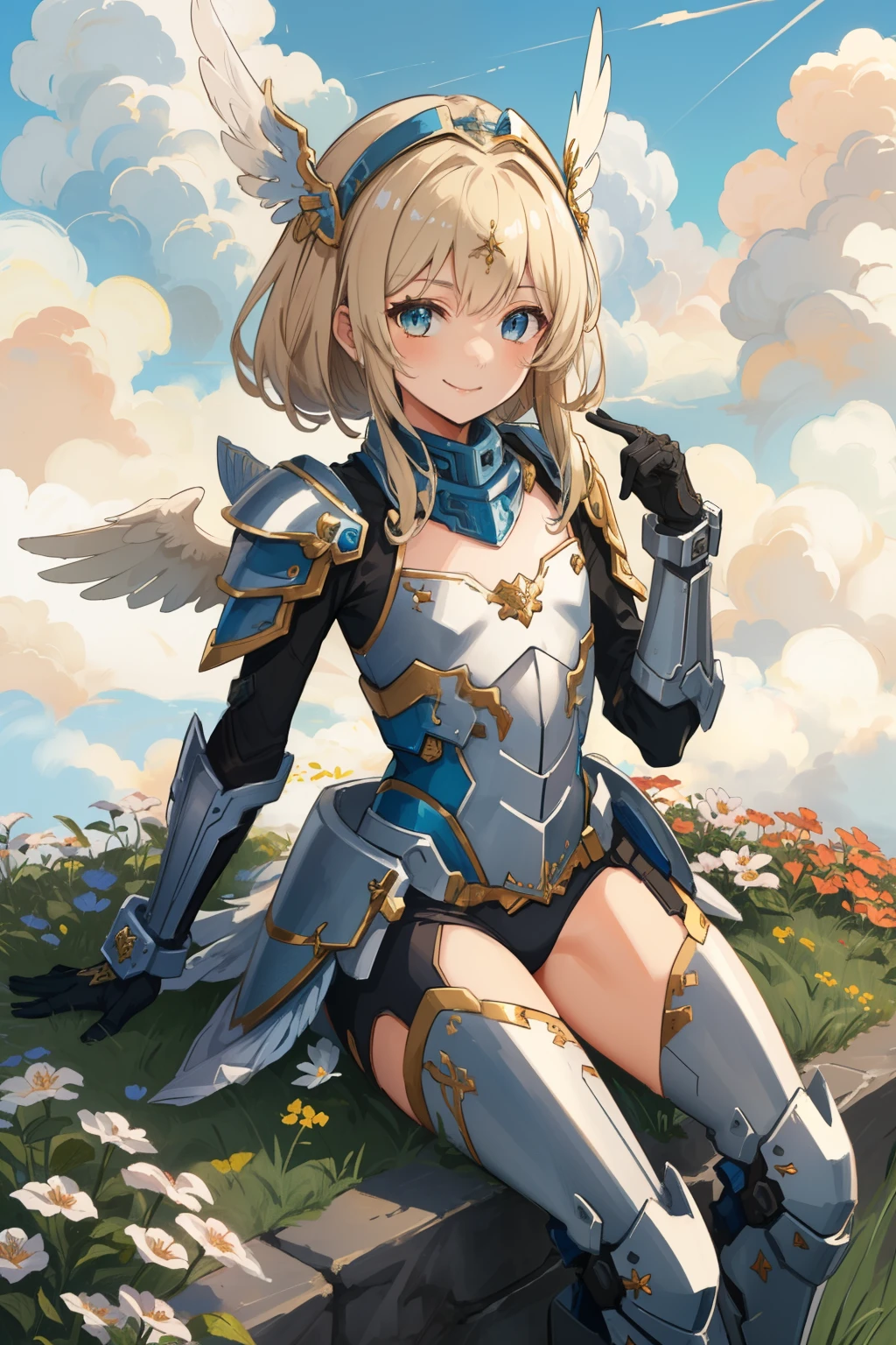 (Masterpiece, Best Quality),  intricate details, Valkyrie, (((bright smile))), hand up, looking at the viewer, feather headdress, flower meadow, (((flat chest)))  above the clouds, sitting 1 girl on, Alone, portrait, ash blonde hair, droopy eyes, a single thigh, Independent single sleeve, gloves, 
 Mecha Musume, mono, reinforced suit, mini feather wings, shackles, Full armor, floral decoration, equip sword,