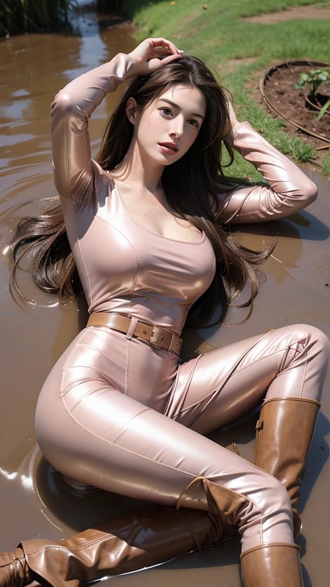 Young Anne Hathaway has long brown hair,Wearing a pink shiny full body suit,Full breasts,Long legs,Over the knee boots,Wear a belt,Lying in the mud,Stuck in the mud,The body was covered in mud stains,Full body picture,Realistic