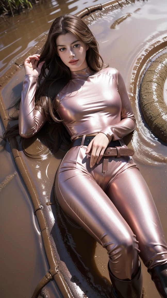 Young Anne Hathaway has long brown hair,Wearing a pink shiny full body suit，Full breasts，Long legs，Over the knee boots，Wear a belt，Lying in the mud，Stuck in the mud，The body was covered in mud stains，Full body picture，Realistic