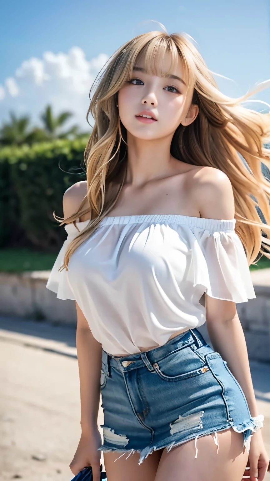 sexy big breasts、Sexy cute looks and cute 15 year old beautiful girl, Beautiful and sexy face、The strong wind blows the hair in front of my face、Beautiful blonde medium wavy hair with cute and sexy eyes hidden by long bangs、Off-the-shoulder t-shirt、Tulle miniskirt