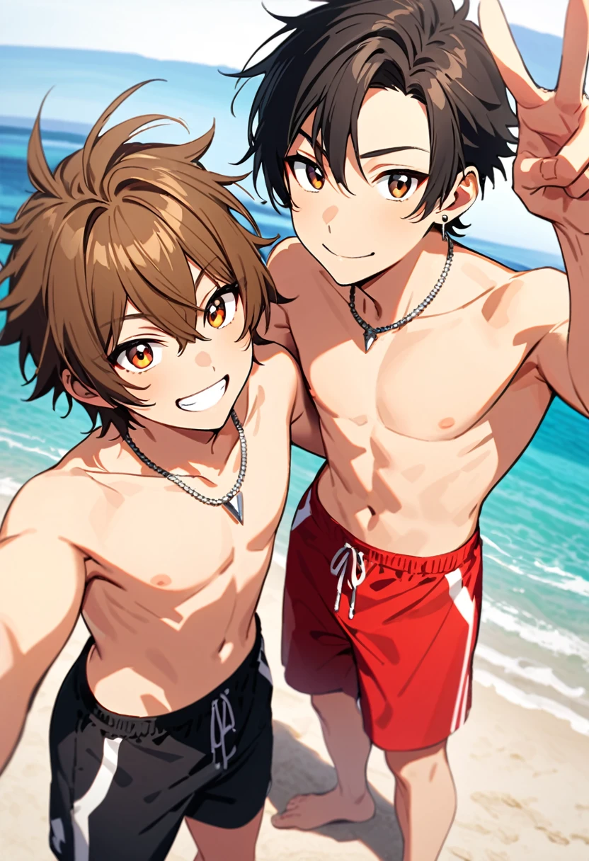 Two young men on the beach. The first one has shaggy tousled black hair, brown eyes, and a cheerful smile. He is shirtless and wearing black swimming trunks, a thin silver necklace, and small silver earrings. He is also taking a selfie. The second one has wild spiky undercut brown hair, orange eyes, and a daring smile. He is shirtless and wearing red swimming trunks, as well as a thin silver necklace. He is also holding up a v-sign.