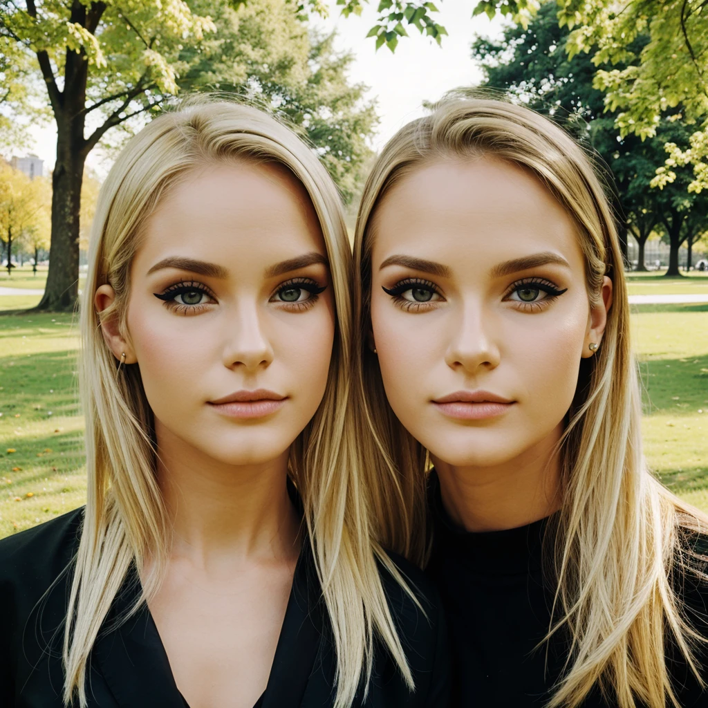 with two heads, conjoined, different heads, blonde, short hair, long hair, eyeliner, 25 years old, in the park,
INFO