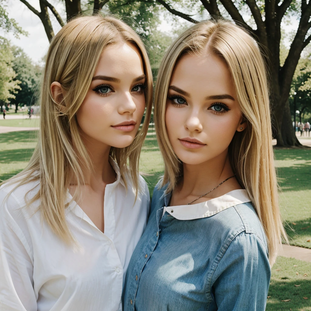 with two heads, conjoined, different heads, blonde, short hair, long hair, eyeliner, 25 years old, in the park,
INFO