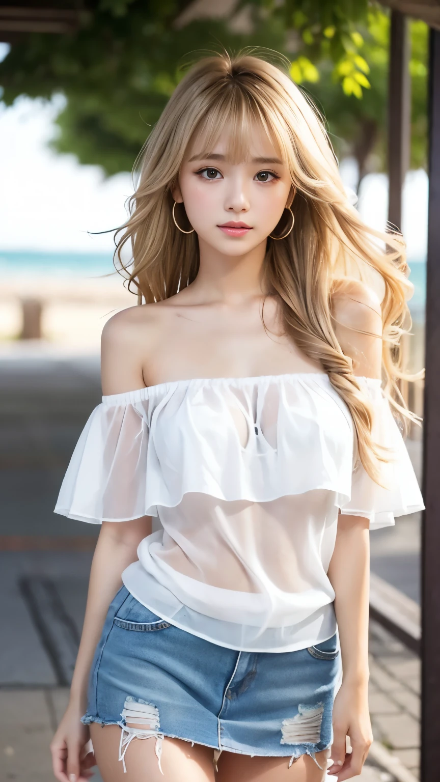 sexy big breasts、Sexy cute looks and cute 15 year old beautiful girl, Beautiful and sexy face、The strong wind blows the hair in front of my face、Beautiful blonde medium wavy hair with cute and sexy eyes hidden by long bangs、Off-the-shoulder t-shirt、Tulle miniskirt