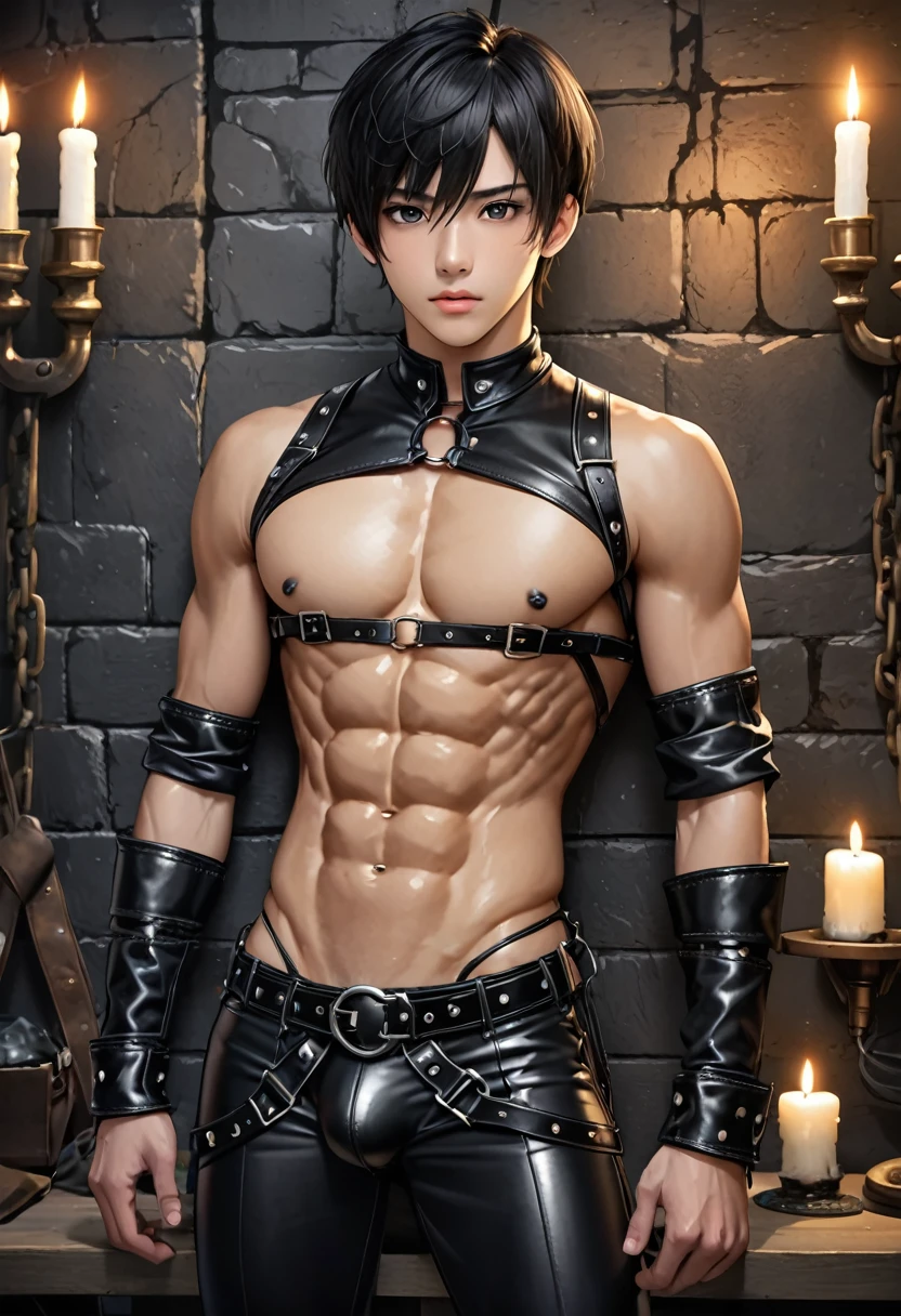 high quality, detailed, Realistic, (19 years old japanese idol boy), (detailed black eyes), (black short hair), (abs:1.5), (shiny skin), (leather bondage), dungeon, harness, (leather tiny thongs:1.3), (bulge:1.2), candle, detailed nipple detailed areola,