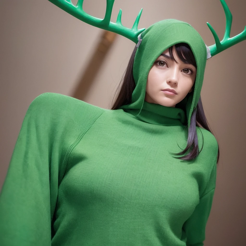 Generate an image of a female public relations activist with a serious expression, standing upright and facing directly forward in a chest-up portrait style, resembling a passport photo. She is wearing green clothing and has antlers growing from her head. Ensure the background is simple to highlight her presence.