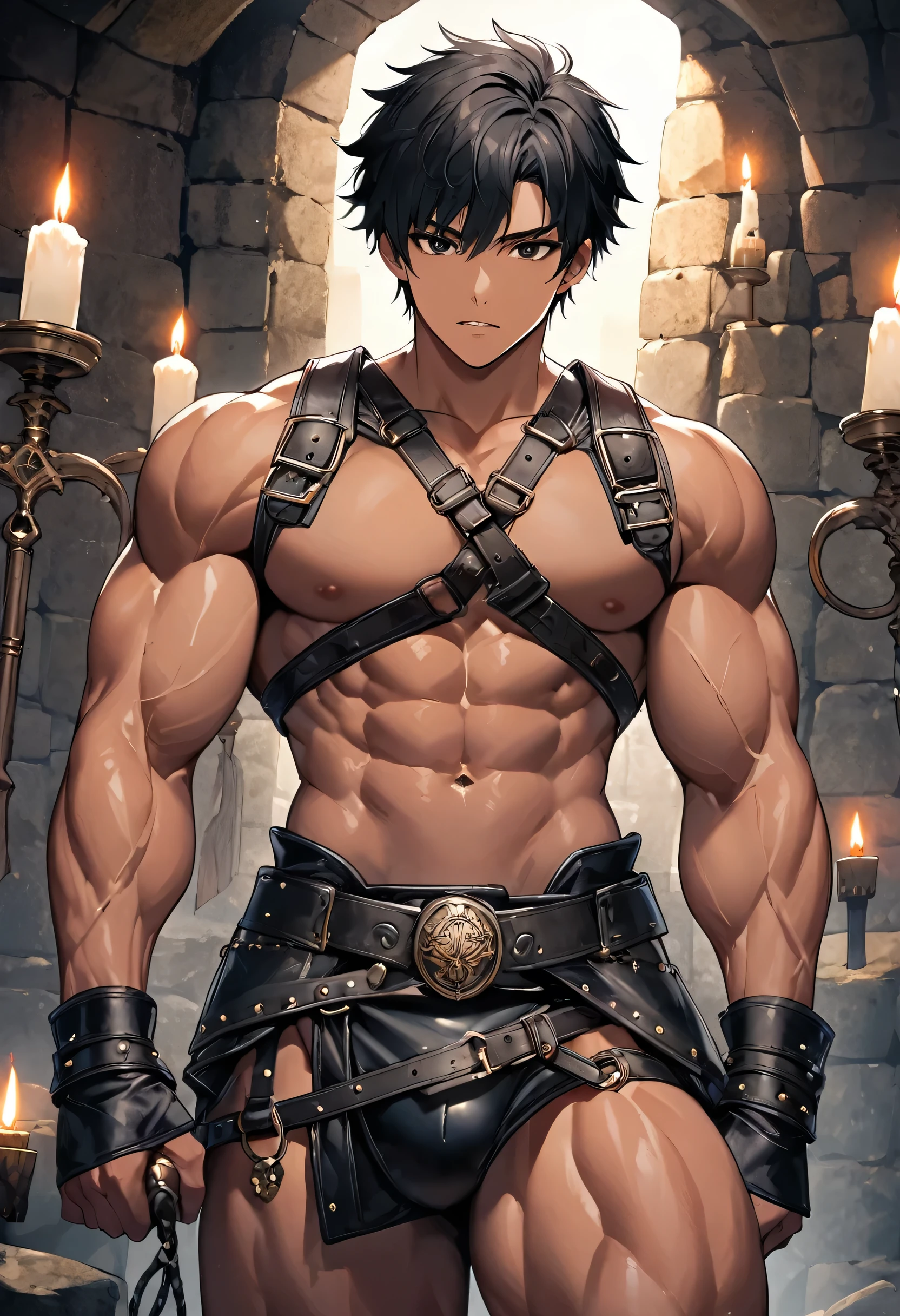 high quality, detailed, (19 years old japanese bulky Gladiator boy), (detailed black eyes), (black short hair), (muscle:1.5), (dark skin),  dungeon, leather crossed harness, (leather tiny thongs), (bulge:1.2), candle, detailed nipples, 