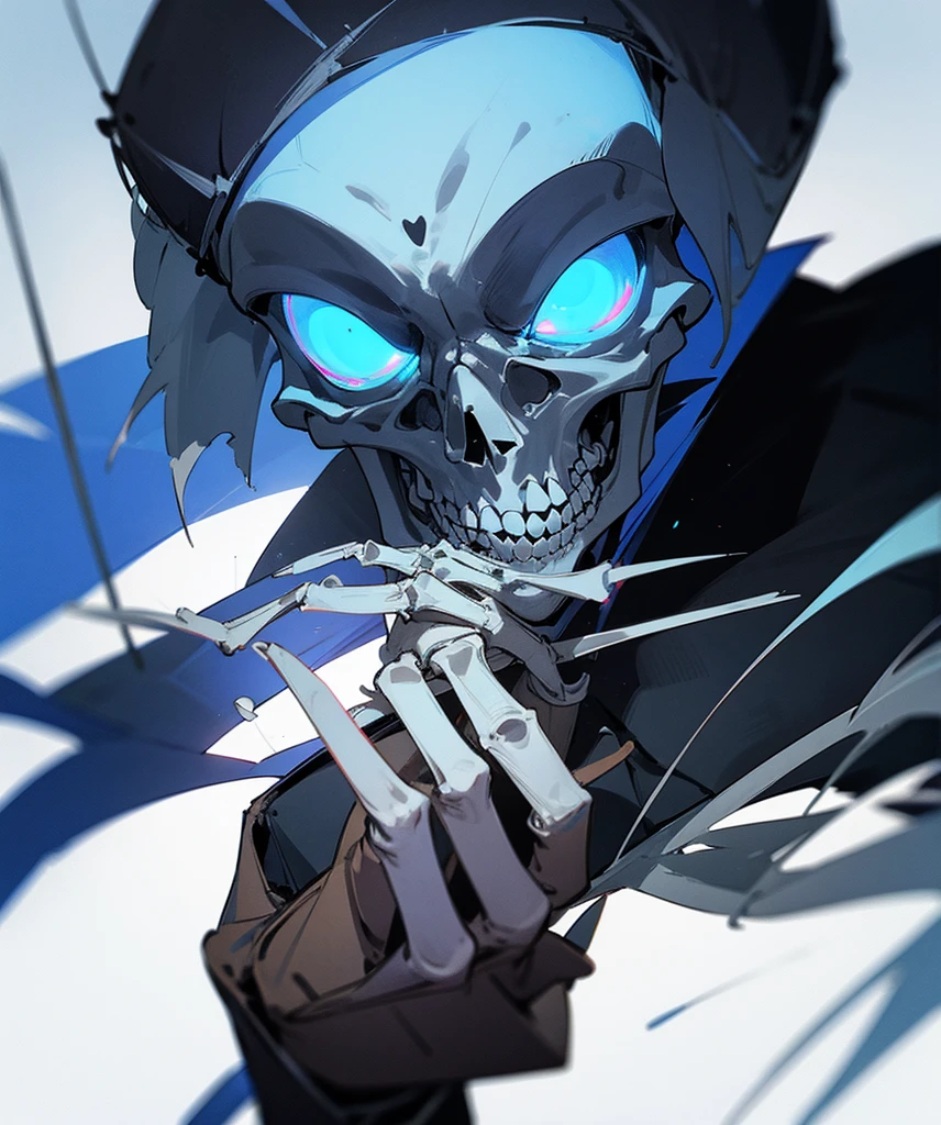 a skeleton with glowing blue eyes wearing a old german military uniform, he is wearing a face cloth and black gloves