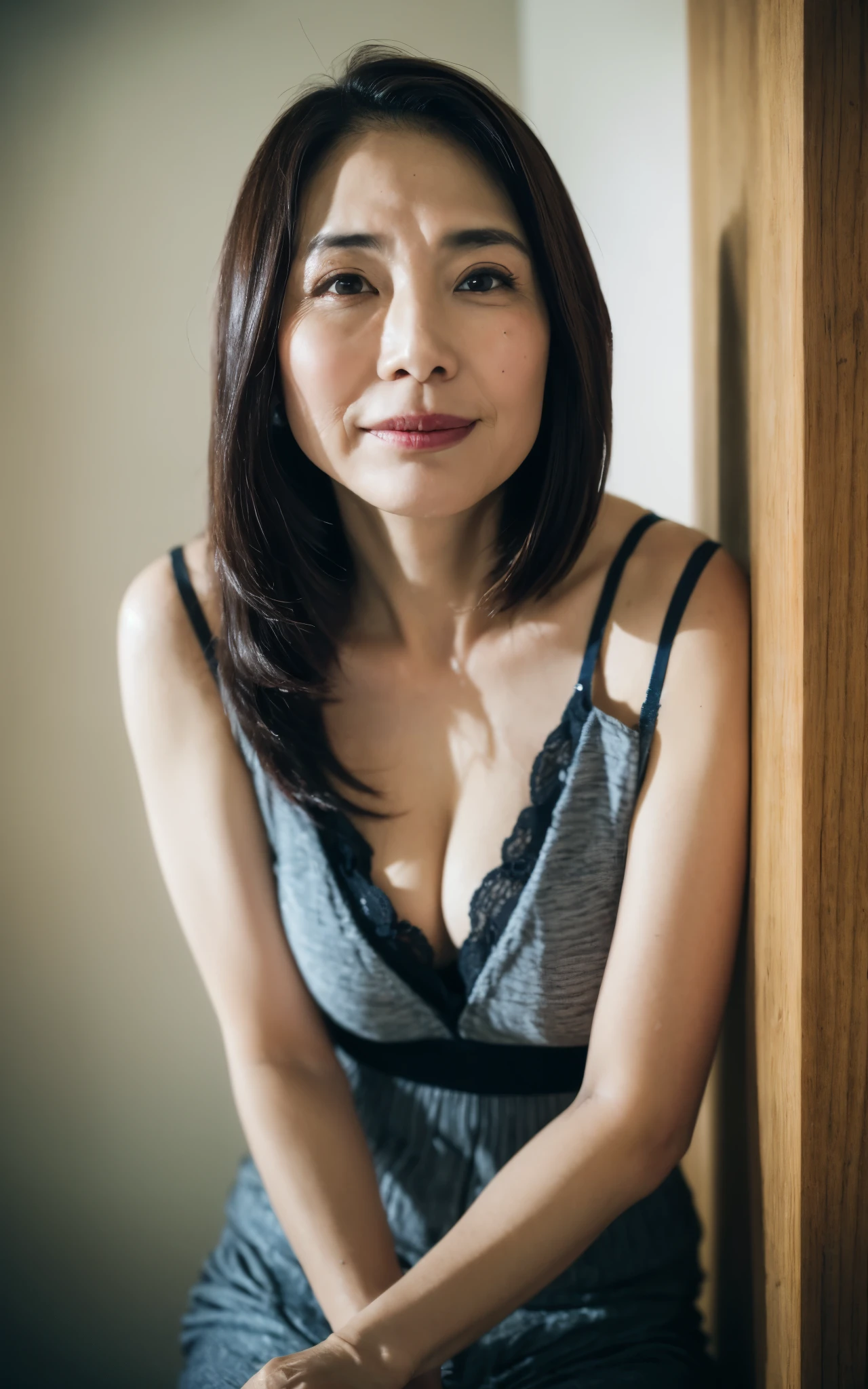 ((Best Quality, 8k, Masterpiece, Portrait: 1.3, Photorealistic)), (from below, looking at viewer), (cowboy shot:1), Sharp Focus, Solo, Japan Milf, Beauty, (joy expression), Cloth with Cleavage View, 35 Years Old, long Hair, Wrinkles:0.3, Emphasized, gorgeous bra, wet bathroom floors,