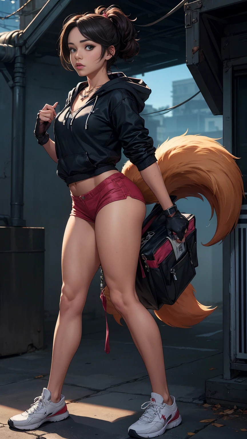 Ultra-realistic CG K ,((premium、8k、32k、Masterpiece)), (superfine illustration)、(súper high resolution), (((body adulto))), (Masterpiece, Best Quality:1.2), ((Masterpiece, of the highest quality, Maximum image quality, high resolution, photorealistic, photo and gross, 8k)),Oh, league of legend, sexy for, wallpapers, detailed eyes, fox ear, (fox tails), a skirt, (long pink fur), medium breasts, Looking at_It is shown in_Looking atl espectador, short_Hair, gloves, belly button, fail, Blue_there are eyes, Eternal, full_body, weapon, Footwear, Necklaces, negro_gloves, pulp, hooded, Hair_overcome_Yoon_there are eyes, cultivator_above, Hoodie, negro_pants, sneakers, cut_Jacket, cyber punk character, cut_Hoodie