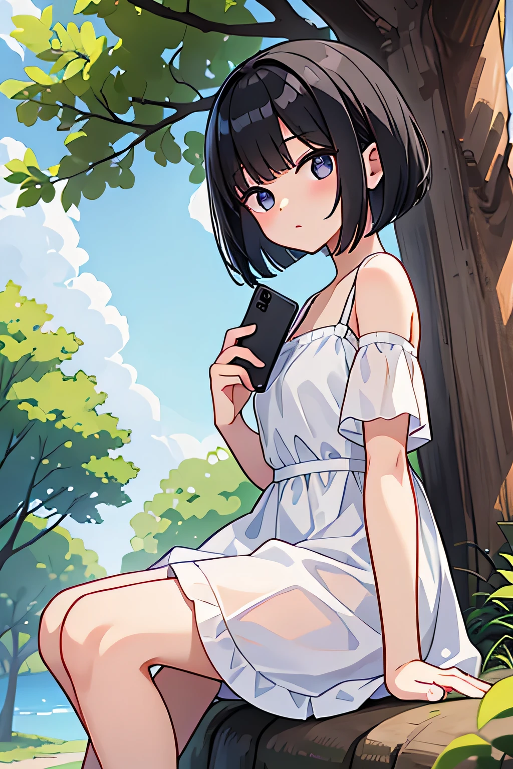 20-year-old female、cute、Black Hair、Bob hairstyle、Calling on your smartphone、White dress、summer、Nearby trees、A small cicada is resting on a tree