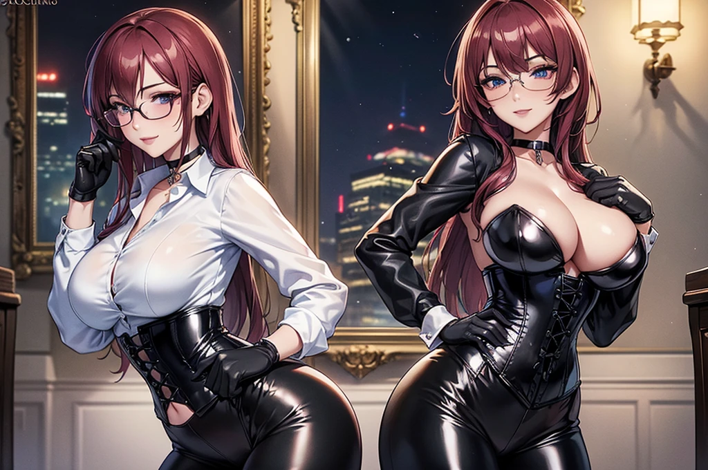 Masterpiece, Beautiful art, professional artist, 8k, art style by sciamano240, Very detailed face, Detailed clothing, detailed fabric, 2 girls, big breasts, standing, view from behind, perfect ass, perfectly drawn body, pose sexy, beautiful face, long dark crimson hair, Blue eyes, very detailed eyes, pink cheeks, seductive expression, loving smile, glasses, choker:1.6, (long sleeve white collar buttoned shirt), (shiny black corset), black gloves covering your hands, (shiny black leggings), Sensual Lips , winter night, show details in the eyes, looking at the viewer, elegant room, at night,