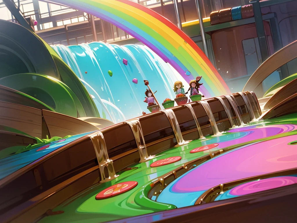 Inside willy Wonka's chocolate factory
Flowing chocolate rivers and waterfall made of chocolate, grass covered floor resemblance of a peppermint candy texture, other candy and sweets spread throughout the factory. Add a go-kart racetrack made from a candy strip rainbow color with sugar sprinkles ontop, and gummi bears playing in the chocolate factory