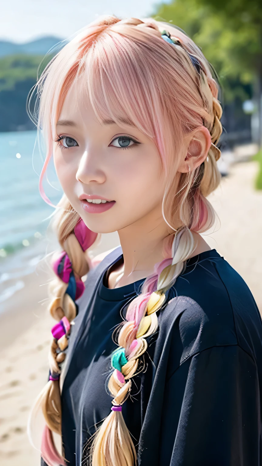 pale, Sunburned skin、Sunburn marks on Sunburned skin、Multicolored Hair、Pink Hair,blonde,Platinum Hair,Brown Hair、A cute -yeld giwith a cute expression, A strong wind blows my hair in front of my face、beautiful long blonde French braided hair、beautiful, Cute eyes hidden by long bangs、yawn、Double teeth、Reduces the appearance of nasolabial folds、