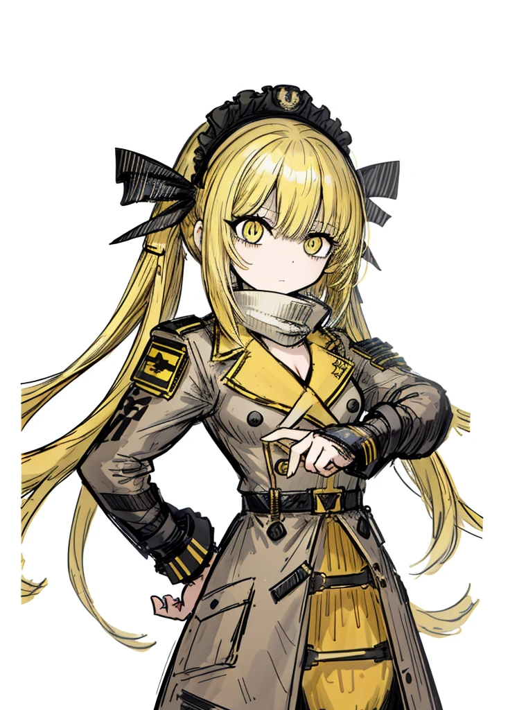 1girl, yellow eyes, yellow hair, bangs,short hair, long pigtails,hair between eyes , diana,(high resolution, high detail, best quality), annoying, believed, military,flat breasts