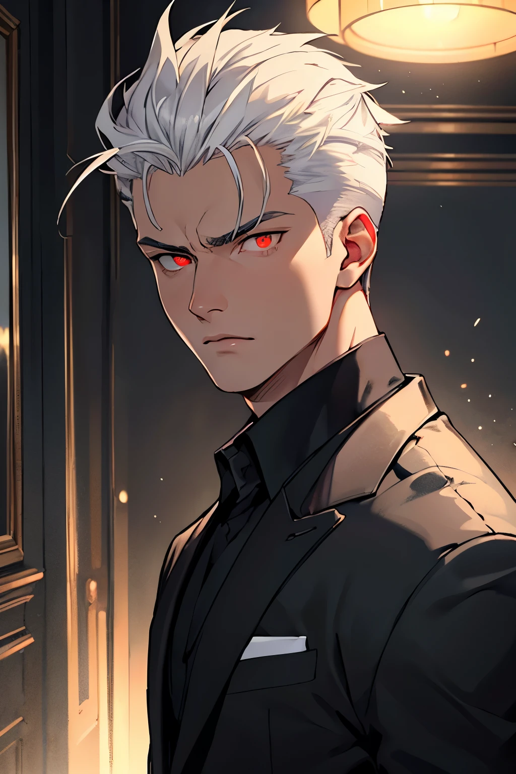((best quality)), ((masterpiece)), (detailed), perfect face, appears human, young man, slicked back white hair, glowing red eyes, wearing a black suit, stoic expression, background is a living room