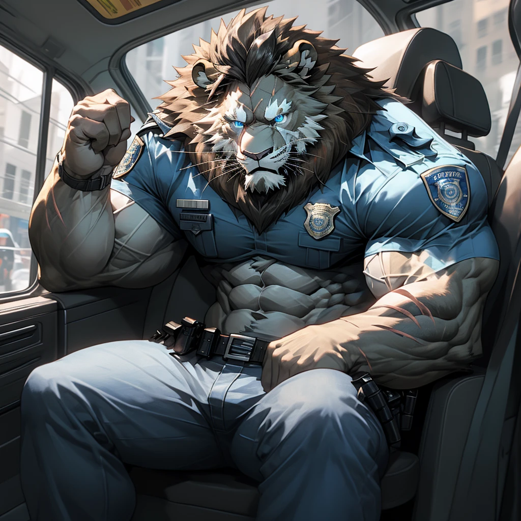 Sitting in police car with muscular police officer serious face（scars in the face）Mature （blue eyes）Huge muscle ripped abs wild，Wild Lion Officer