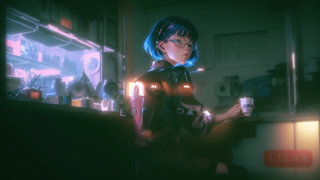 Close-up of a person sitting at a desk drinking coffee, Lofi Artstyle, I like anime, 9 0 s Anime Aesthetics, Anime Aesthetics, Love Death and robot, Lofi Art, Anime inspiration, Anime Aesthetics, Lo-fi hip hop, Anime Wallpaper, Anime atmosphere, 80年代のAnime atmosphere, Love Death + robot