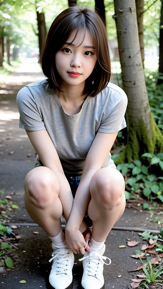 masterpiece, best quality, Surreal, Ultra Detailed, 8k resolution, RAW photos, Clear focus, (A girl in the forest), ((light gray shirt:1.1)), Short sleeve, sports Shorts,Full body posture, Solitary, Perfect body, Become a, 32 inches in the chest,(a charming smile:1), (sexy pose),26 years old, light,White shoes, Solitary, Perfect body, Perfect body, Bangs to eyebrows、Beautiful brown hair、Beautiful and delicate eyes、Brown eyes、Raise an eyebrow、Bangs to eyebrows、Beautiful brown hair、Beautiful and delicate eyes、Brown eyes、Raise an eyebrow、High Nose、Small nostril、Little mouth、Tempting lips、Mouth slightly open、Beautiful breasts、Full body、Oval face,Phoenix Eyes,Eyebrow, Double eyelids, Long eyelashes, A faint smile, full-body shot:1.2,She has a pair of eyes as clear as water,Eyebrows are like distant mountains,Creamy skin,Lips like cherry blossoms。Her beauty is not only in appearance,It's more about her fragile yet tenacious temperament,Like a hibiscus flower swaying in the wind,It's pitiful, A faint smile