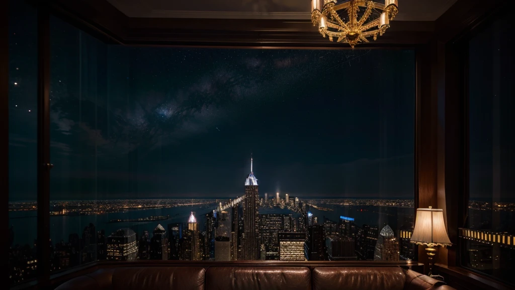 NY night scene luxury bar chandelier8K RAW Photography The starry sky spreads outside the room.with empire state building image