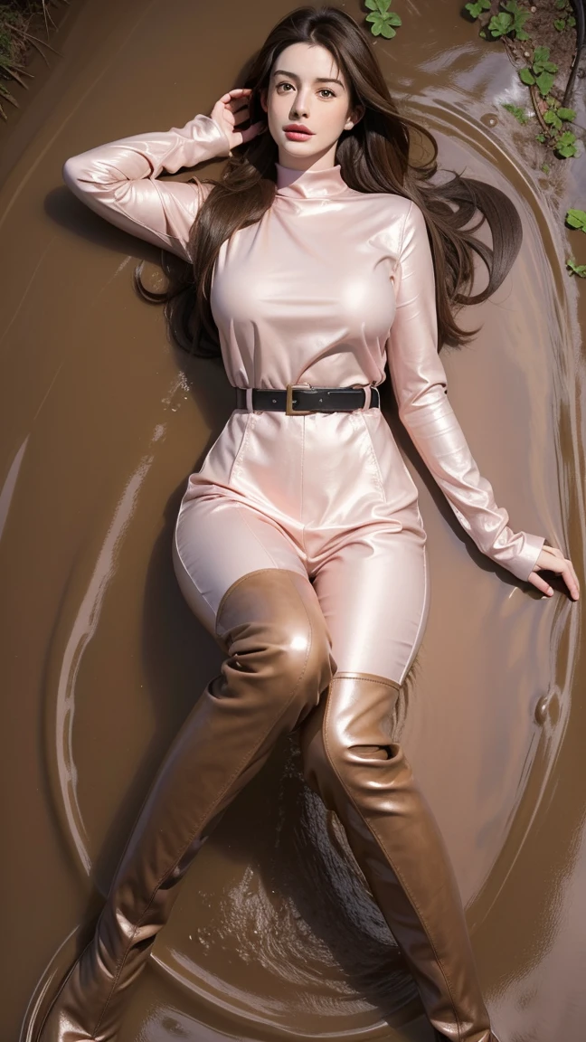 Young Anne Hathaway has long brown hair,Wearing a pink shiny full body suit,Full breasts,Long legs,Over the knee boots,Wear a belt,Lying in the mud,Stuck in the mud,The body was covered in mud stains,Full body picture,Realistic
