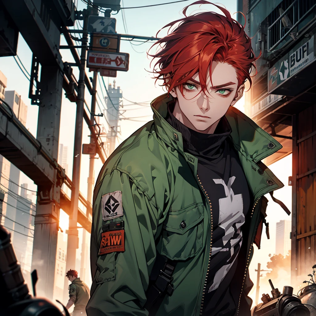 1 chico, redhead, high, muscular, White skin, parts, green eyes, postapocalyptic world, technology, deaf, Neon colors, poor clothes, watch on your wrist