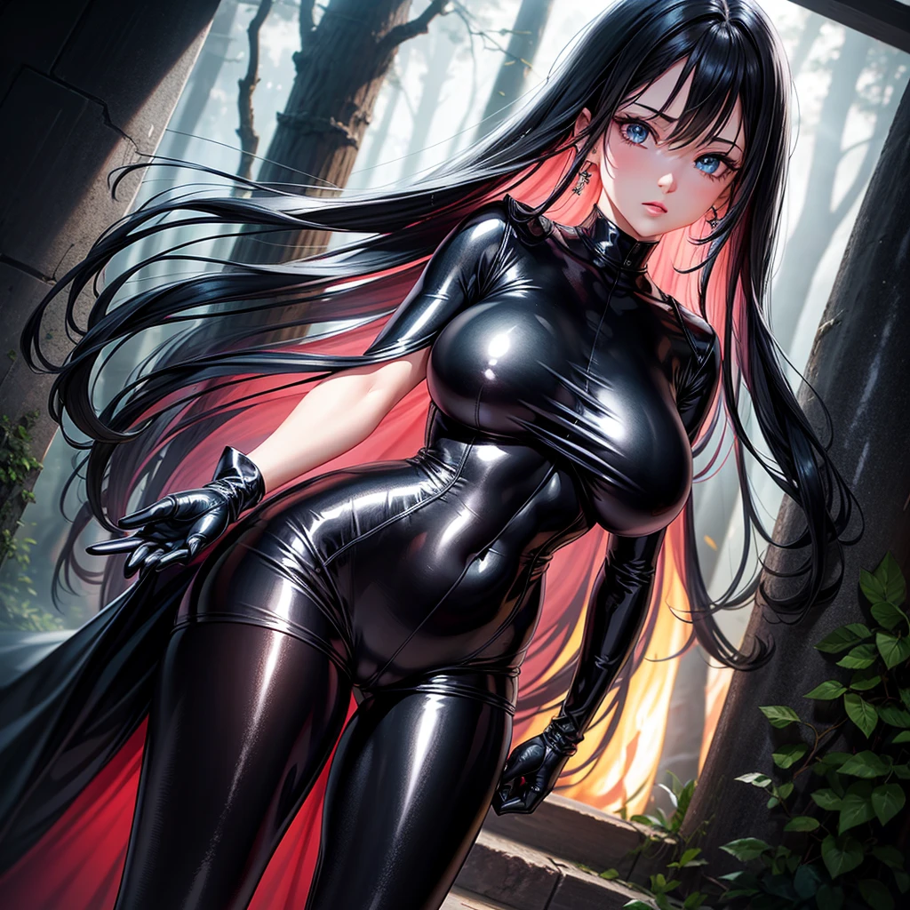 very detailed face, detailed clothing, detailed fabric, 1 woman, perfectly drawn body, huge breasts, sexy pose, beautiful face, long black hair, blue eyes, very detailed eyes, pink cheeks, shy expression,  (Shiny black tight bodysuit), black gloves, gloves covering hands, Sensual lips ,  dinner de invierno, Show details at a glance, View from the front, looking at viewer, dark road, Dark Forest, dinner, atmosphere, Fog