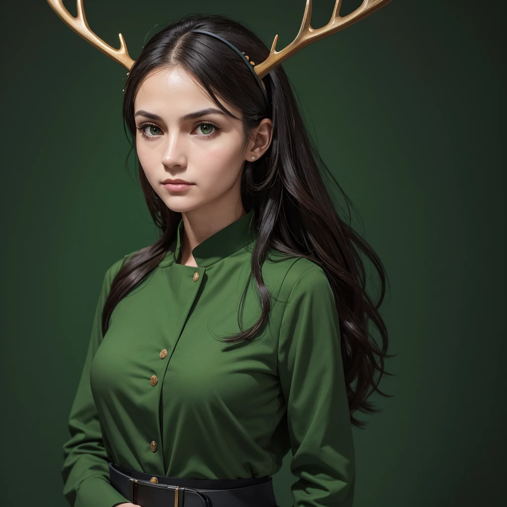 Generate an image of a female public relations activist with a serious expression, standing upright and facing directly forward in a chest-up portrait style, resembling a passport photo. She is wearing green clothing and has antlers growing from her head. Ensure the background is simple to highlight her presence.