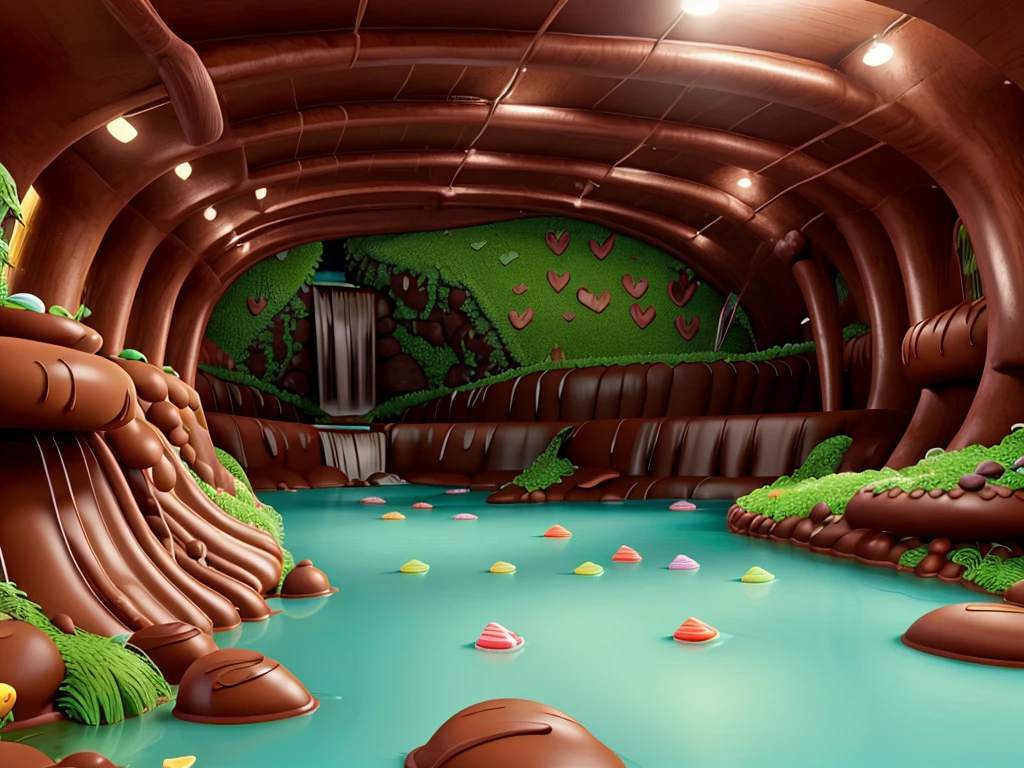 Inside willy Wonka's chocolate factory 
Flowing chocolate rivers and waterfall made of chocolate, grass covered floor resemblance of a peppermint candy texture, other candy and sweets spread throughout the factory, gummi bears playing in the chocolate factory 