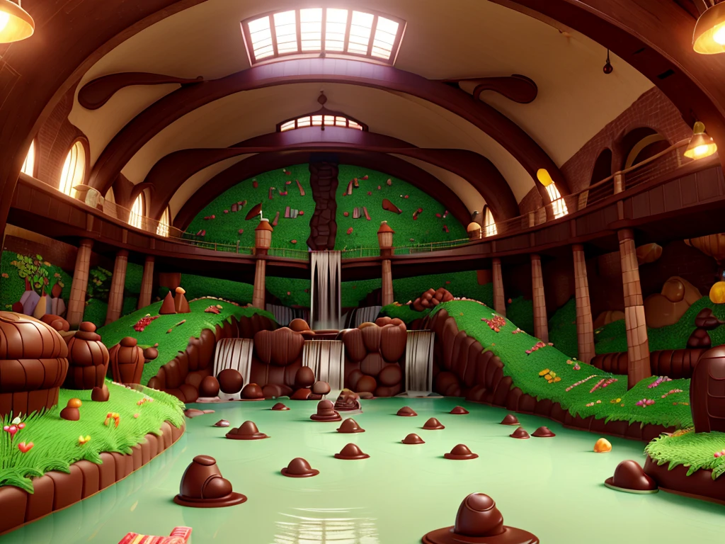 Inside willy Wonka's chocolate factory
Flowing chocolate rivers and waterfall made of chocolate, grass covered floor resemblance of a peppermint candy texture, other candy and sweets spread throughout the factory, gummi bears playing in the chocolate factory
