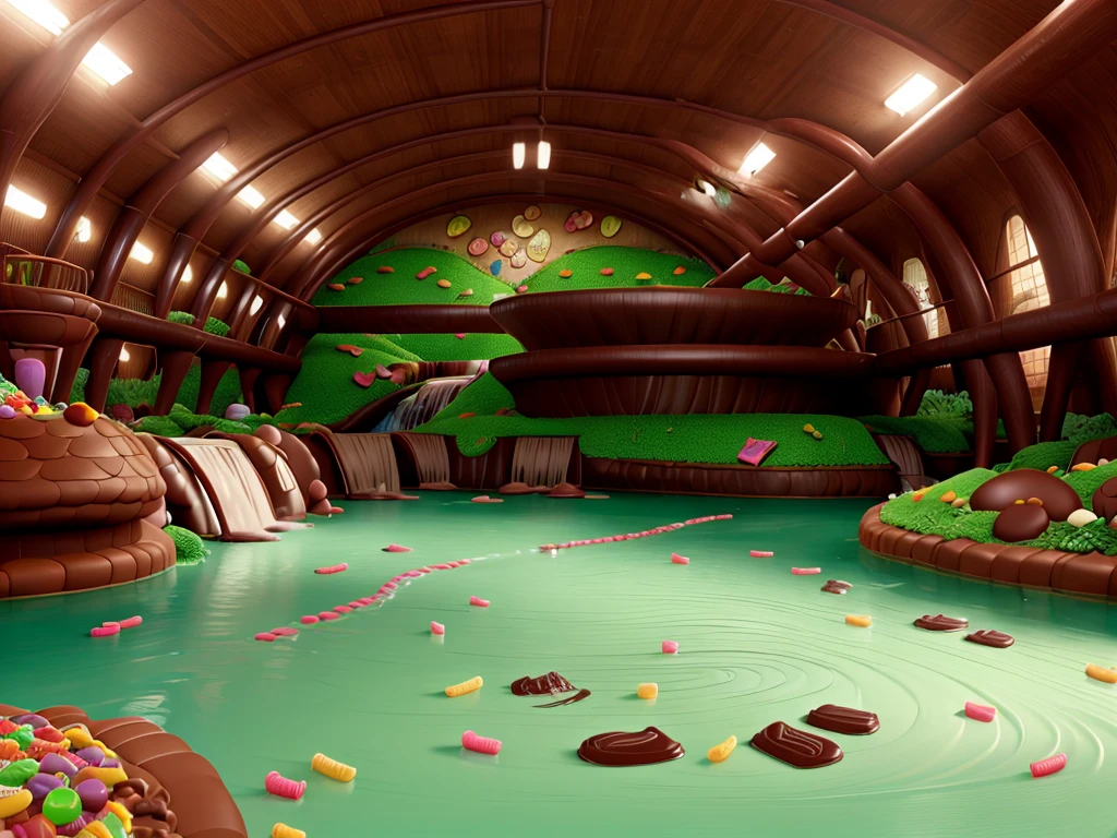 Inside willy Wonka's chocolate factory 
Flowing chocolate rivers and waterfall made of chocolate, grass covered floor resemblance of a peppermint candy texture, other candy and sweets spread throughout the factory, gummi bears playing in the chocolate factory 