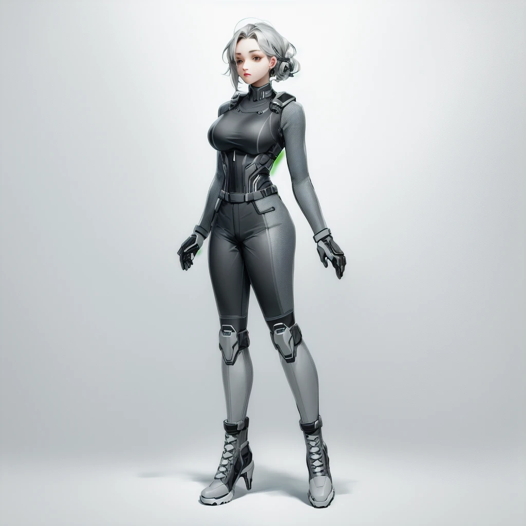 Enhance render style, female full grey uniform, dark grey outfit, dark grey color scheme, monochrome, white background,