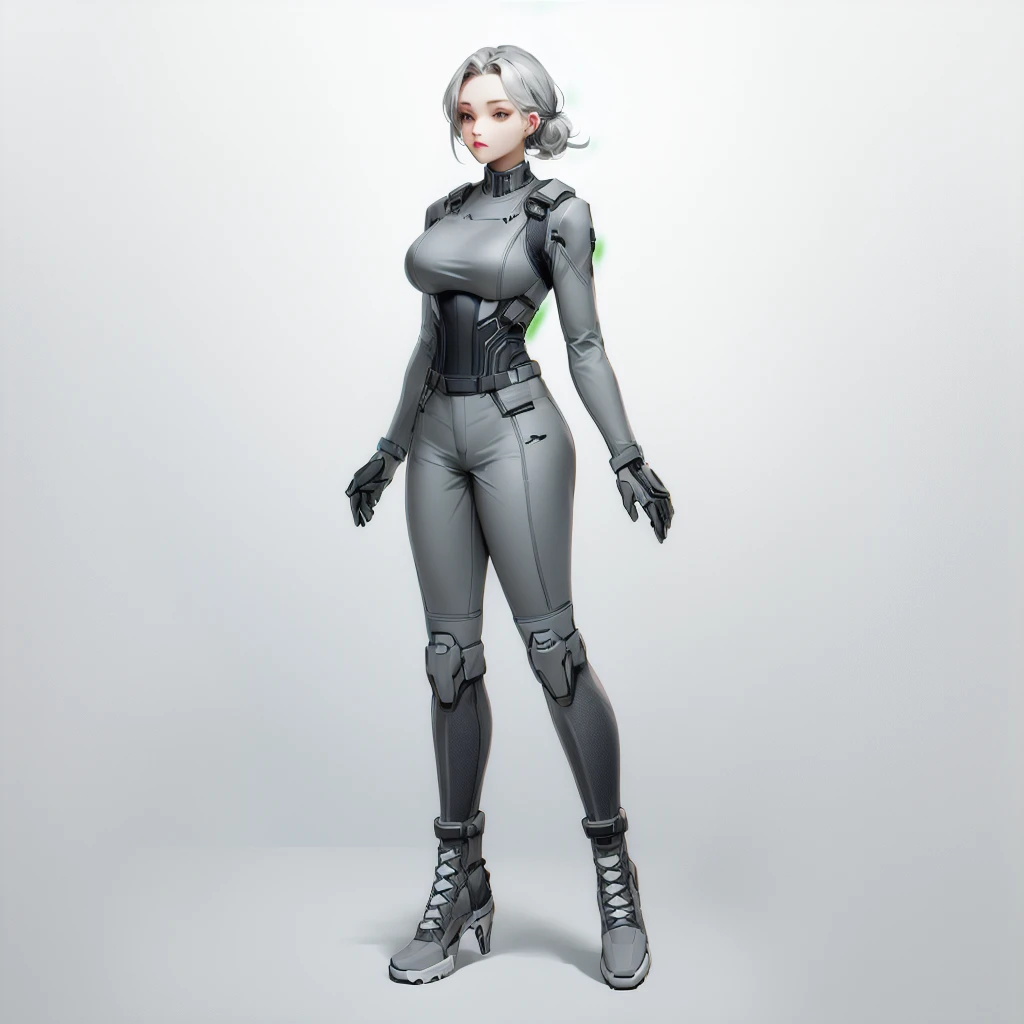 Enhance render style, female full grey uniform, dark grey outfit, dark grey color scheme, monochrome, white background,