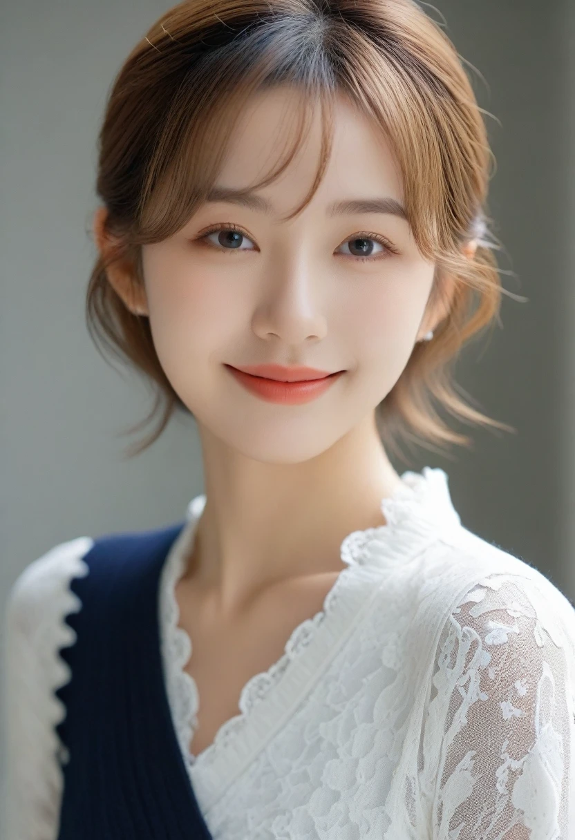 8K, Ultra-high resolution, Highest quality, masterpiece, 三分割法によるphotograph,Surreal, photograph, 1 Girl, (:1.3), pretty girl, Cute face, Beautiful eyes in every detail, In detail,masterpiece,, One Girl:1.2, Japan Female Announcer,(A very cute 20 year old young woman from Japan.), ((Light blonde delicate hair)), ((Short hair with side waves and twin tails)),(((Slim and slender figure))),Medium bust size、Small breasts、 (((Clean your hands))),(curly/curly髪),(((A very kind smile))), (((She is wearing navy blue and white lace panties.))),(((She is wearing a navy blue and white knitted dress.))) ,((Highest quality, 16 k race, Pieces fly: 1.3)), Light on the face, Highly detailed face, Highly detailed lips, Fine grain,